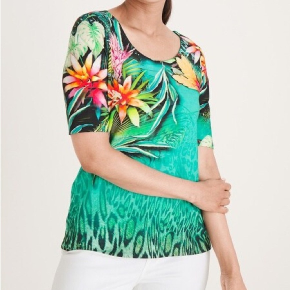 Tropical-Print Ballet-Neck Tee